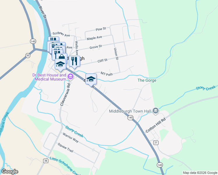 map of restaurants, bars, coffee shops, grocery stores, and more near 111 Bevins Lane in Middleburgh