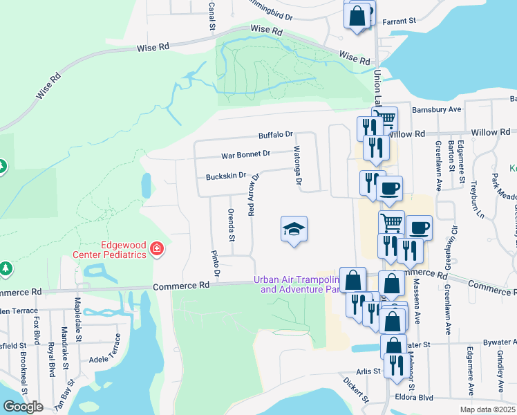 map of restaurants, bars, coffee shops, grocery stores, and more near 2747 Red Arrow Drive in Commerce Charter Township