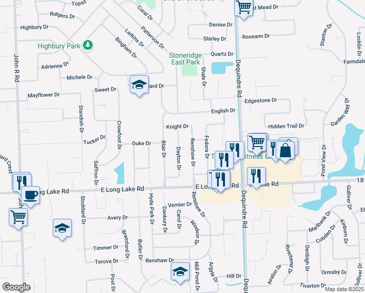 map of restaurants, bars, coffee shops, grocery stores, and more near 5174 Dayton Drive in Troy