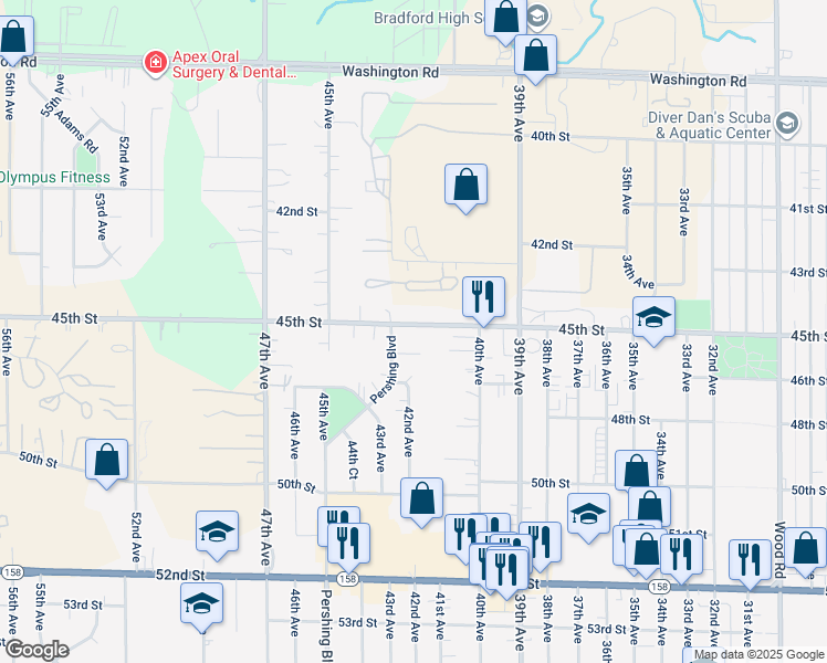 map of restaurants, bars, coffee shops, grocery stores, and more near 4129 45th Street in Kenosha