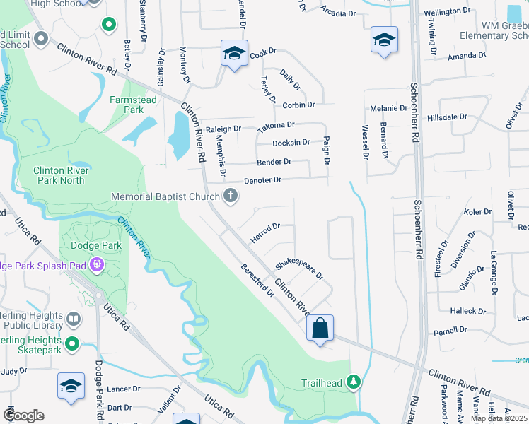 map of restaurants, bars, coffee shops, grocery stores, and more near 12818 Windsor Court in Sterling Heights