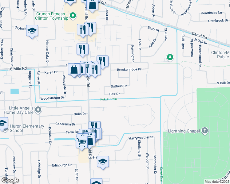 map of restaurants, bars, coffee shops, grocery stores, and more near 17221 Eleir Drive in Macomb County
