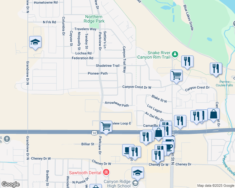 map of restaurants, bars, coffee shops, grocery stores, and more near 420 Falling Leaf Lane in Twin Falls