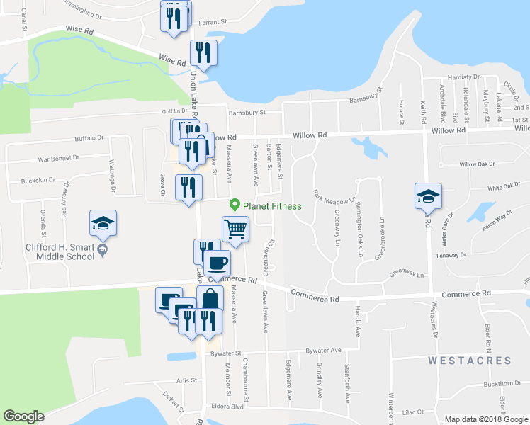 map of restaurants, bars, coffee shops, grocery stores, and more near 2722 Greenlawn Avenue in Commerce Charter Township