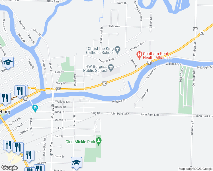 map of restaurants, bars, coffee shops, grocery stores, and more near 236 Margaret Avenue in Chatham-Kent