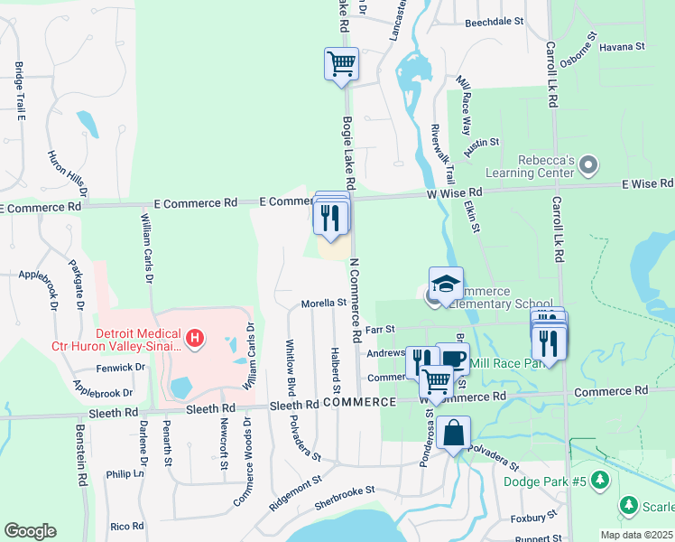 map of restaurants, bars, coffee shops, grocery stores, and more near 1155 North Commerce Road in Oakland County