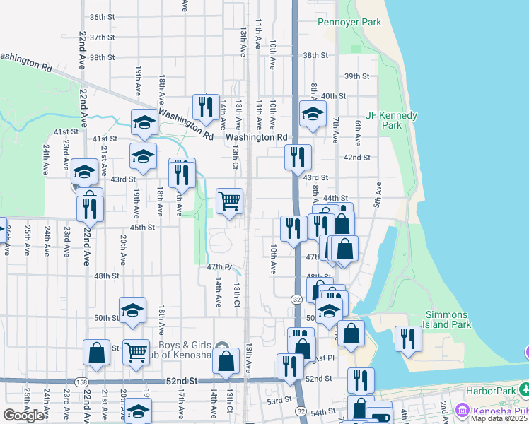 map of restaurants, bars, coffee shops, grocery stores, and more near 1010 45th Street in Kenosha