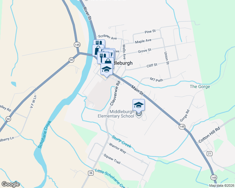 map of restaurants, bars, coffee shops, grocery stores, and more near 1558 Clauverwie Road in Middleburgh