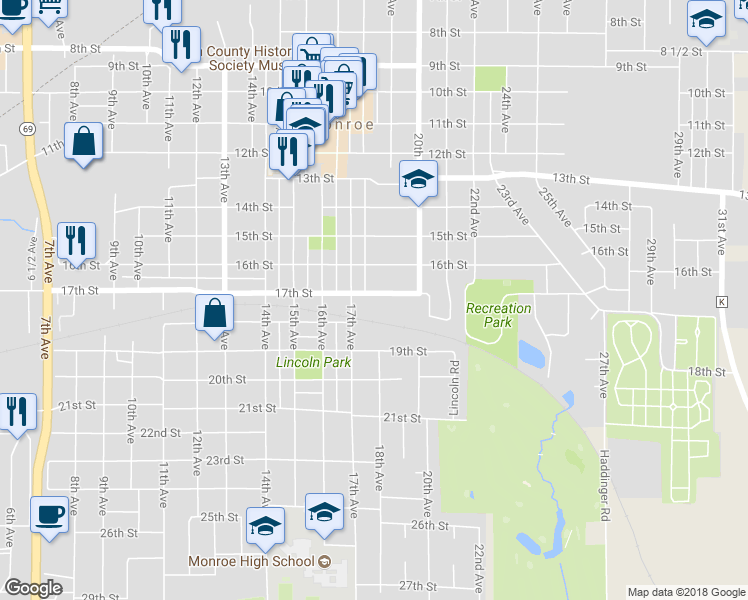 map of restaurants, bars, coffee shops, grocery stores, and more near 1724 17th Street in Monroe