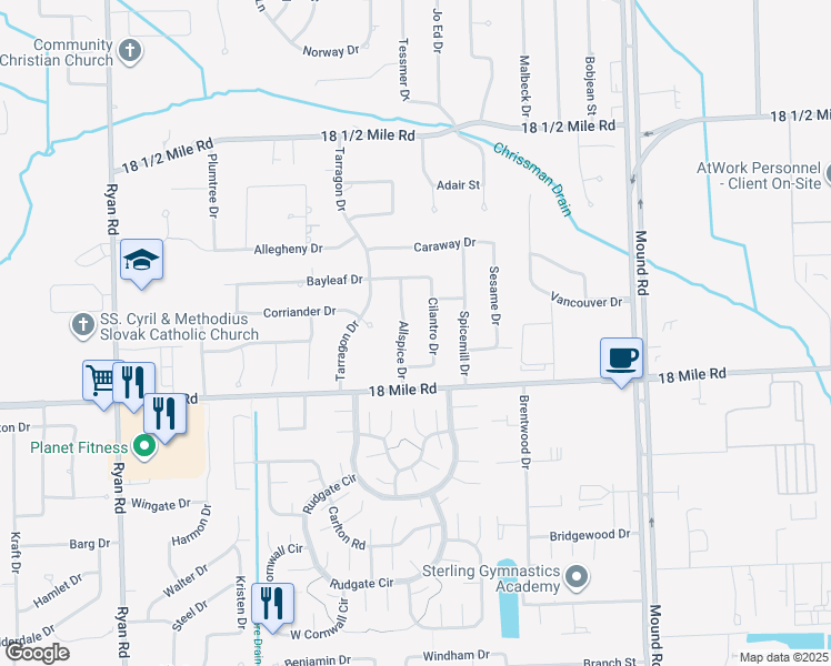 map of restaurants, bars, coffee shops, grocery stores, and more near 41230 Allspice Drive in Sterling Heights
