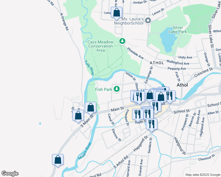 map of restaurants, bars, coffee shops, grocery stores, and more near 98 Maple Street in Athol