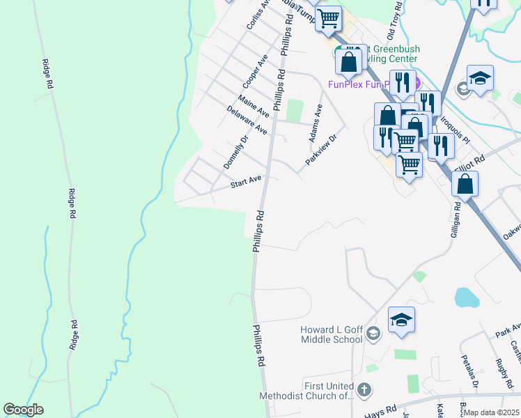 map of restaurants, bars, coffee shops, grocery stores, and more near 52 Phillips Road in Rensselaer