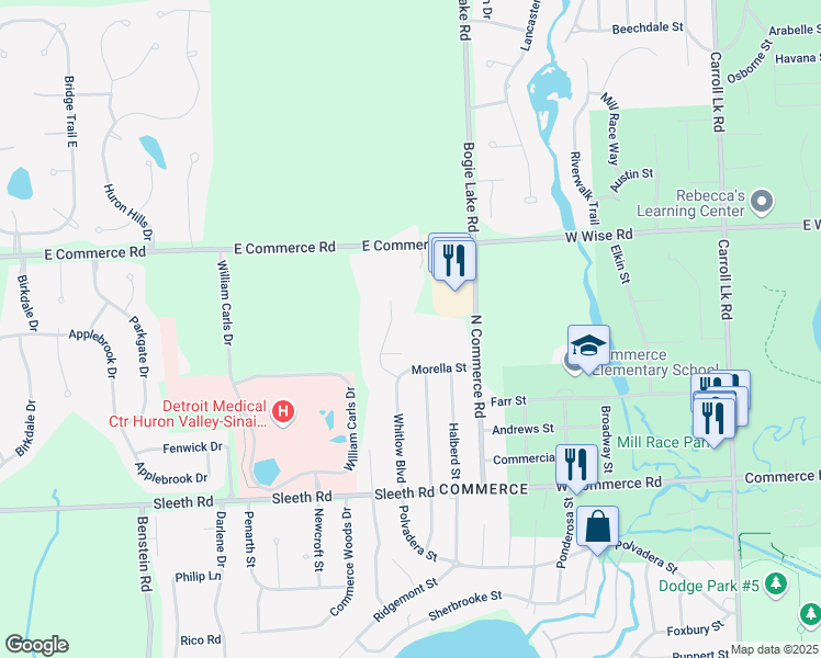 map of restaurants, bars, coffee shops, grocery stores, and more near 5020 Whitlow Court in Commerce Charter Township