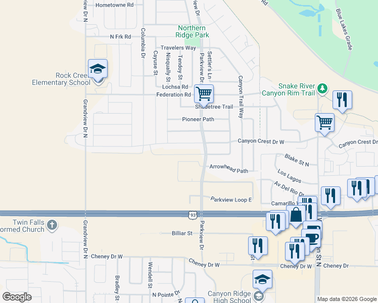 map of restaurants, bars, coffee shops, grocery stores, and more near 548 Falling Leaf Lane in Twin Falls