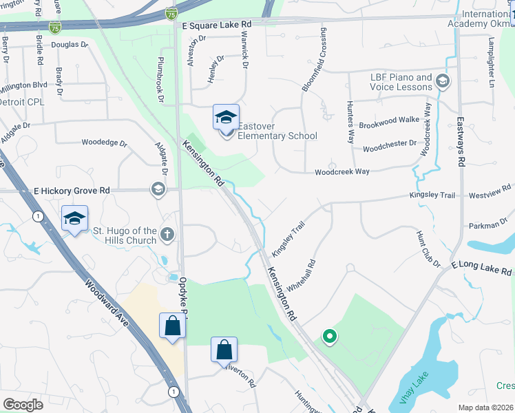 map of restaurants, bars, coffee shops, grocery stores, and more near 2463 Hunters Pond in Bloomfield Hills