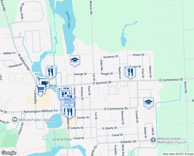 map of restaurants, bars, coffee shops, grocery stores, and more near 559 East Summit Street in Milford Charter Township