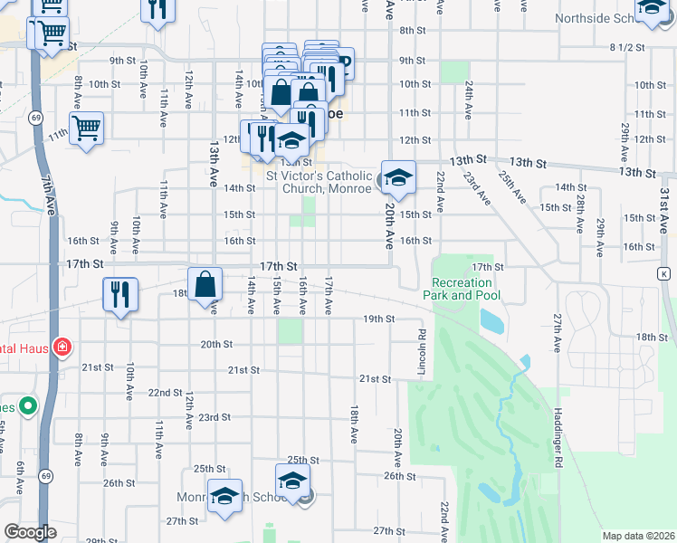 map of restaurants, bars, coffee shops, grocery stores, and more near 1724 17th Street in Monroe