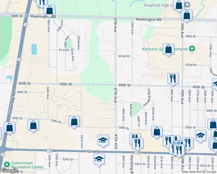 map of restaurants, bars, coffee shops, grocery stores, and more near 4725 45th Street in Kenosha