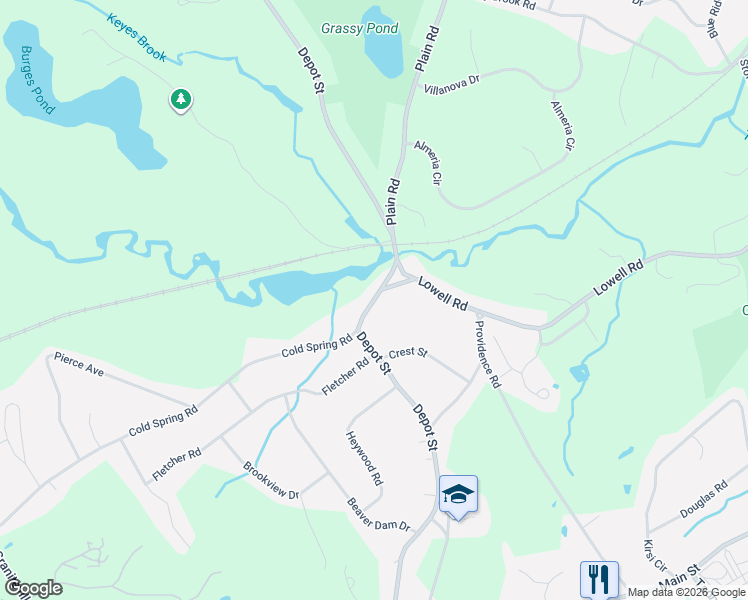 map of restaurants, bars, coffee shops, grocery stores, and more near 59 Depot Street in Westford