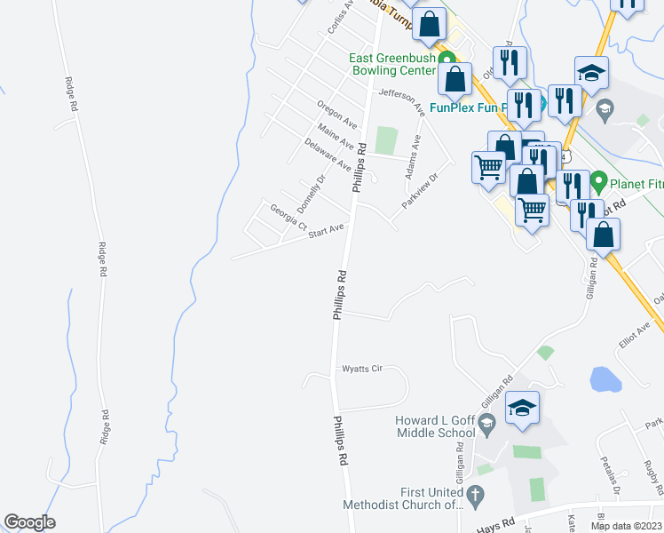 map of restaurants, bars, coffee shops, grocery stores, and more near 52 Phillips Road in Rensselaer