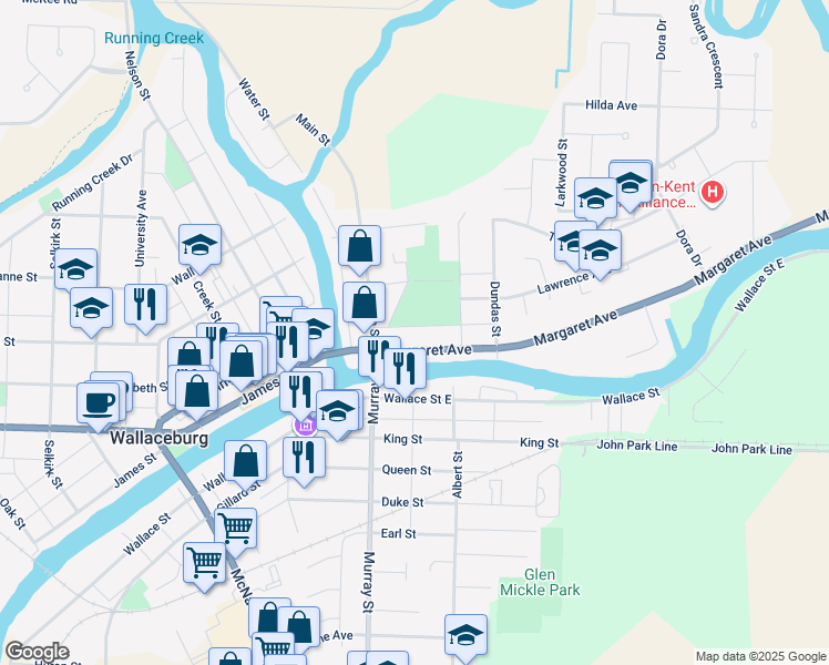 map of restaurants, bars, coffee shops, grocery stores, and more near 40 Mary Street in Wallaceburg