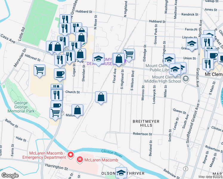 map of restaurants, bars, coffee shops, grocery stores, and more near 60 Floral Avenue in Mount Clemens