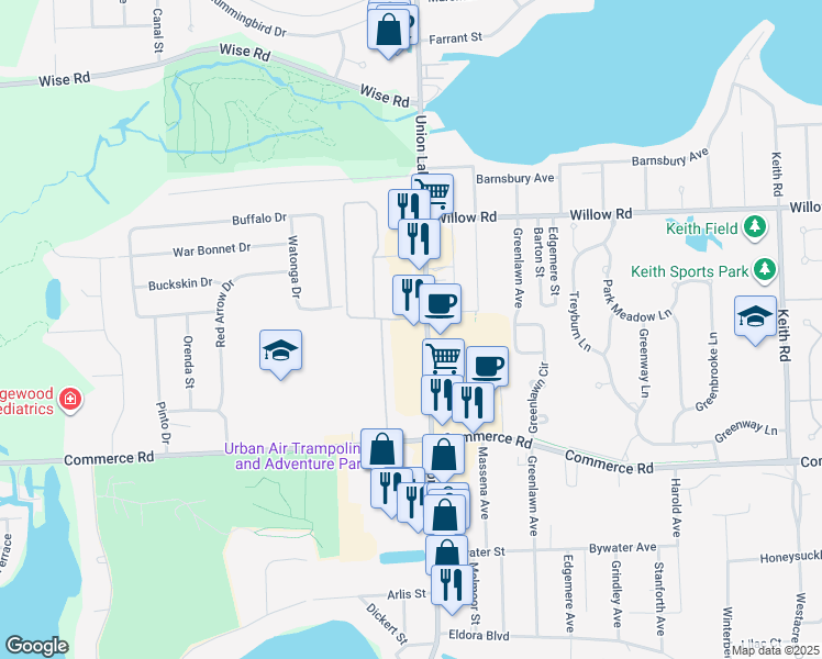 map of restaurants, bars, coffee shops, grocery stores, and more near 2720 Union Lake Road in Commerce Charter Township