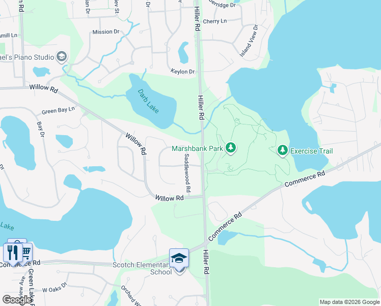 map of restaurants, bars, coffee shops, grocery stores, and more near 2833 Saddlewood Road in Oakland County