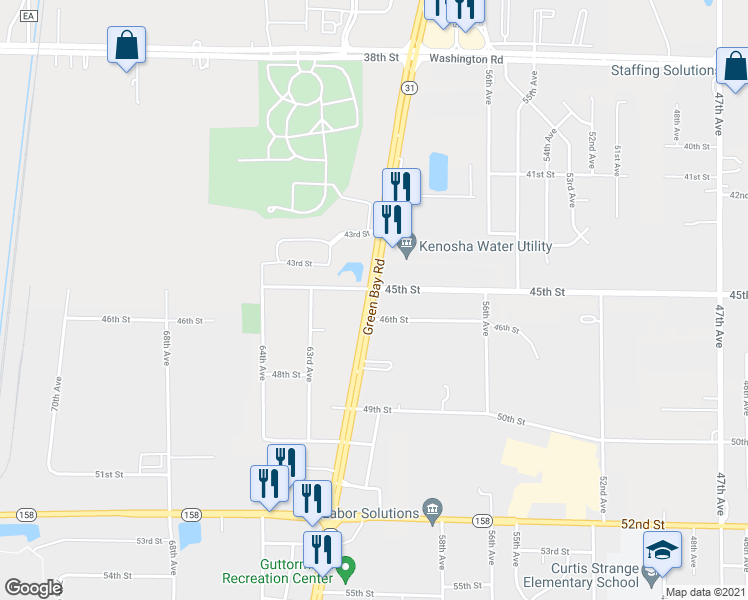 map of restaurants, bars, coffee shops, grocery stores, and more near 4545 Green Bay Road in Kenosha