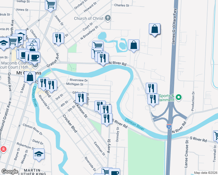 map of restaurants, bars, coffee shops, grocery stores, and more near 24 Michigan Street in Mount Clemens