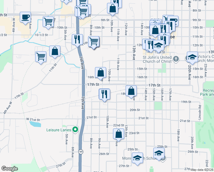map of restaurants, bars, coffee shops, grocery stores, and more near 916 17th Street in Monroe