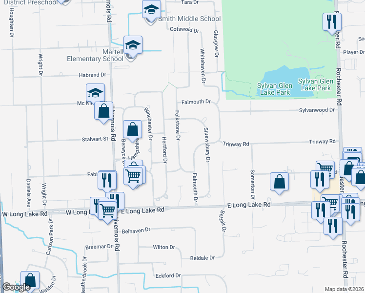 map of restaurants, bars, coffee shops, grocery stores, and more near 5224 Folkstone Drive in Troy