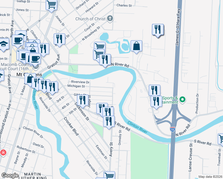 map of restaurants, bars, coffee shops, grocery stores, and more near 24 Michigan Street in Mount Clemens