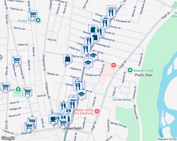 map of restaurants, bars, coffee shops, grocery stores, and more near 195 Federal Street in Greenfield