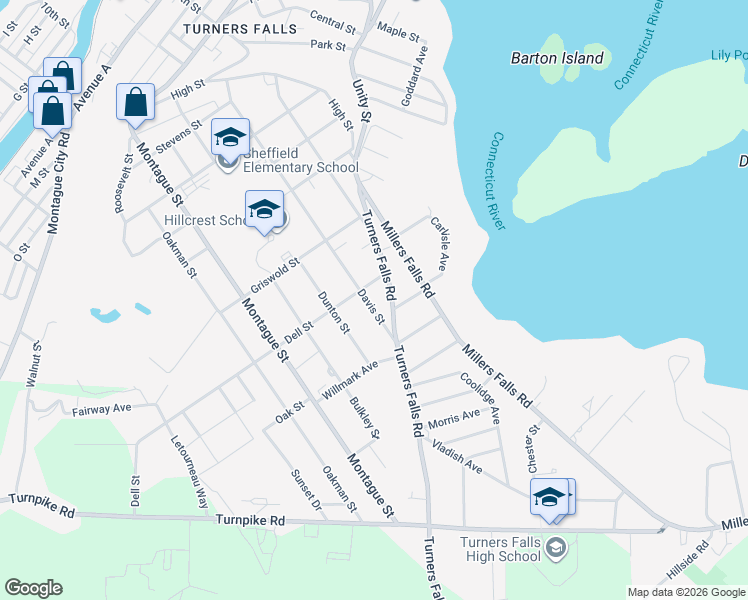 map of restaurants, bars, coffee shops, grocery stores, and more near 34 Turners Falls Road in Montague