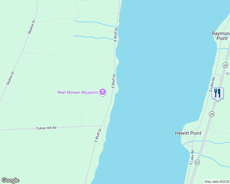 map of restaurants, bars, coffee shops, grocery stores, and more near 544 East Bluff Drive in Penn Yan