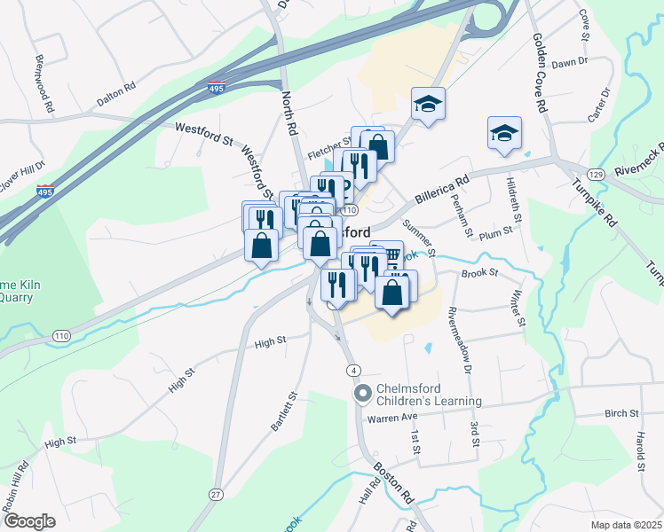 map of restaurants, bars, coffee shops, grocery stores, and more near 30 Central Square in Chelmsford