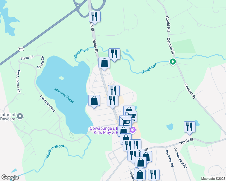 map of restaurants, bars, coffee shops, grocery stores, and more near 305 Main Street in Andover