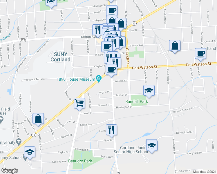 map of restaurants, bars, coffee shops, grocery stores, and more near 150 Main Street in Cortland