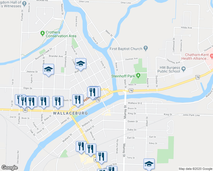 map of restaurants, bars, coffee shops, grocery stores, and more near 222 Wellington Street in Wallaceburg