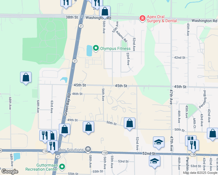 map of restaurants, bars, coffee shops, grocery stores, and more near 5409 45th Street in Kenosha