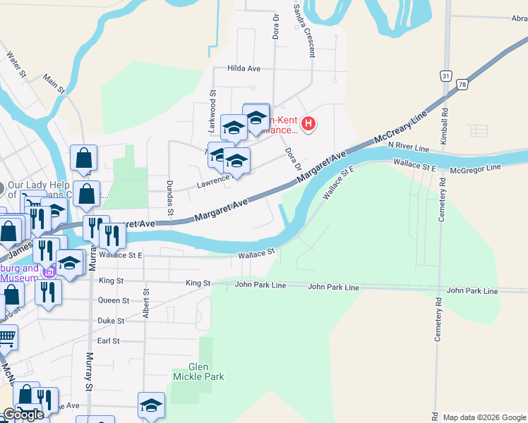 map of restaurants, bars, coffee shops, grocery stores, and more near 8 Martin Park Road in Wallaceburg