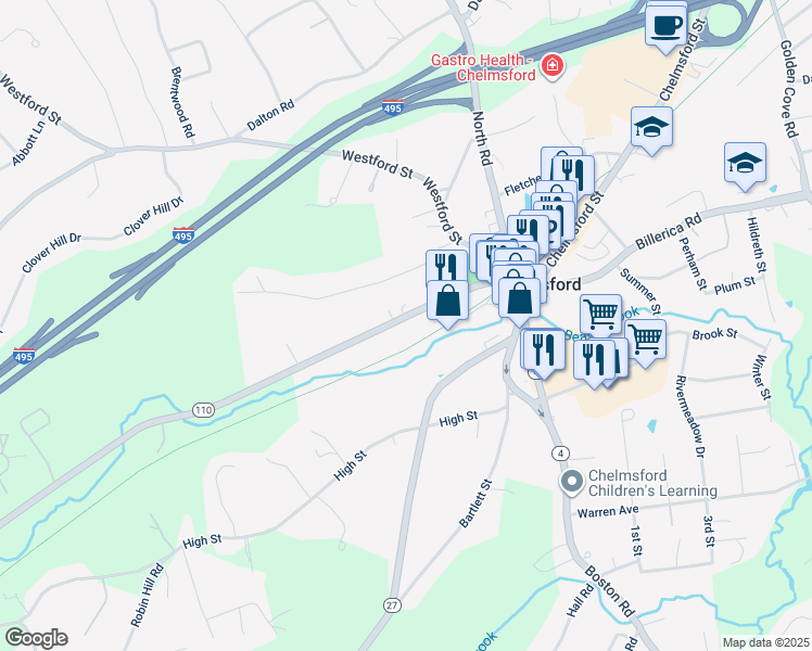 map of restaurants, bars, coffee shops, grocery stores, and more near 62 Littleton Road in Chelmsford