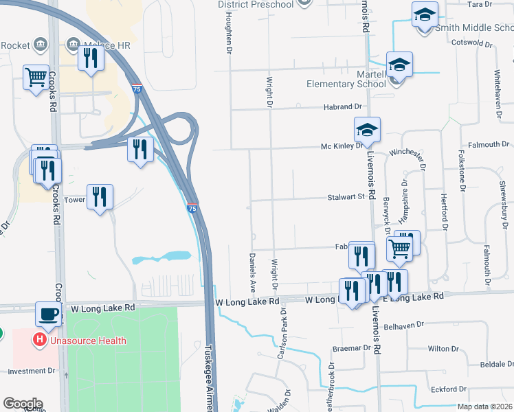map of restaurants, bars, coffee shops, grocery stores, and more near 5275 Daniels Drive in Troy