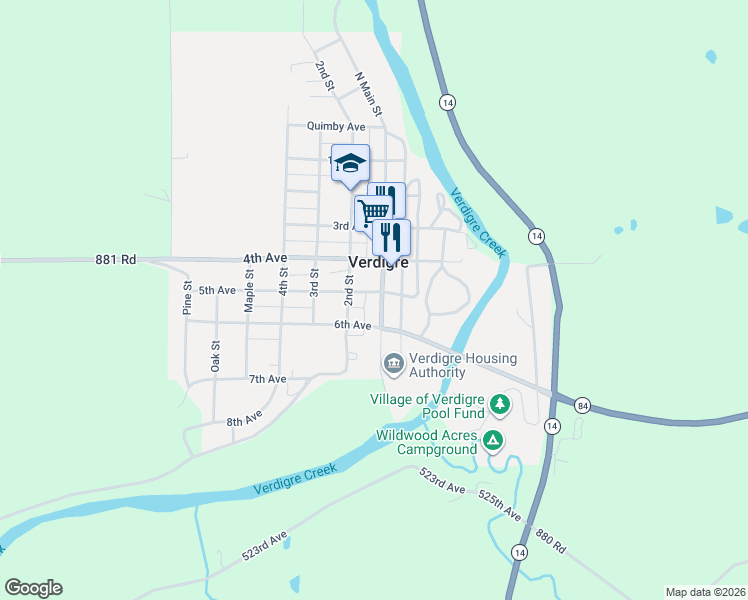 map of restaurants, bars, coffee shops, grocery stores, and more near 500 South Main Street in Verdigre