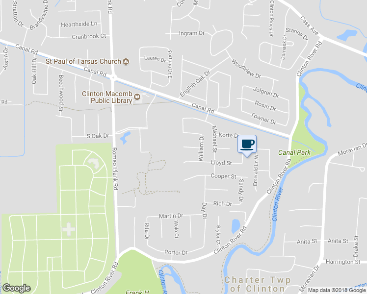 map of restaurants, bars, coffee shops, grocery stores, and more near Edward Court in Charter Township of Clinton