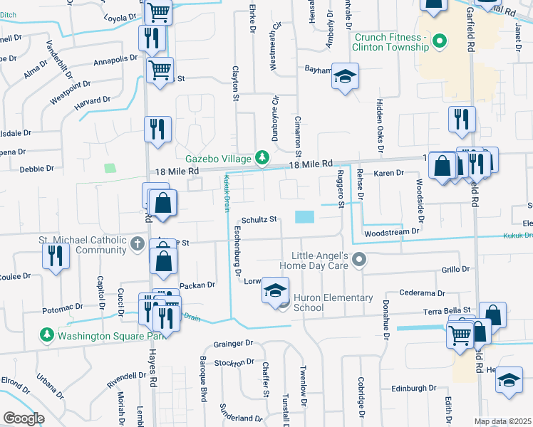 map of restaurants, bars, coffee shops, grocery stores, and more near 15797 Schultz Street in Clinton Township