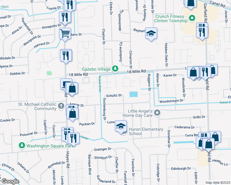 map of restaurants, bars, coffee shops, grocery stores, and more near 15797 Schultz Street in Clinton Township