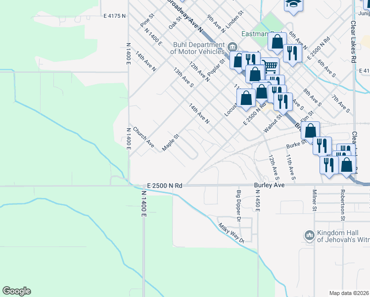 map of restaurants, bars, coffee shops, grocery stores, and more near 1625 Maple Street in Buhl