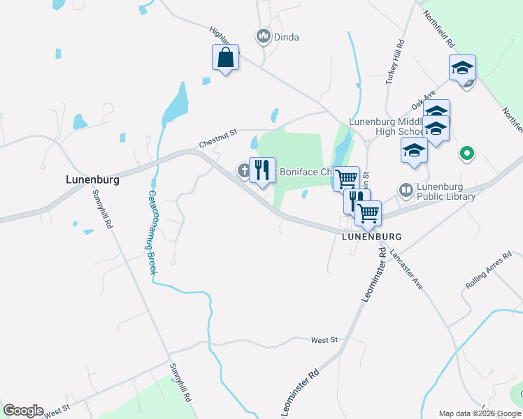 map of restaurants, bars, coffee shops, grocery stores, and more near 852 Massachusetts Avenue in Lunenburg